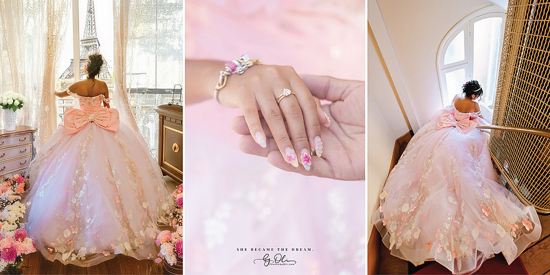 Details of couture XV dress, natural light, Paris fashion-inspired photography.