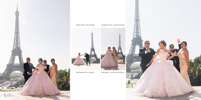 Quinceañera in a pink ball gown posing with her family at Trocadéro, with the Eiffel Tower in the background — group portraits full of joy and connection.