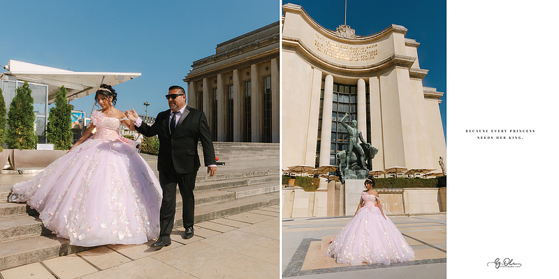 Quinceañera girl in a pink ball gown walking with her father at Palais de Chaillot in Paris during an elegant fashion-style photoshoot.