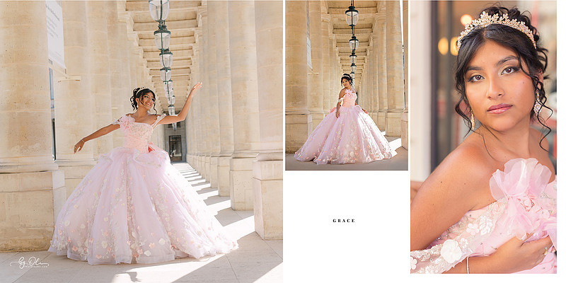 Teen girl in a pink quinceañera gown posing under the columns at Palais Royal in Paris, spinning and smiling; elegant portrait with soft natural light.