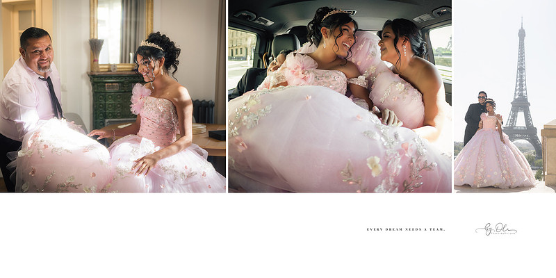 Girl in a large pink quince dress inside an Uber in Paris, the gown filling the entire backseat in a humorous, candid moment.