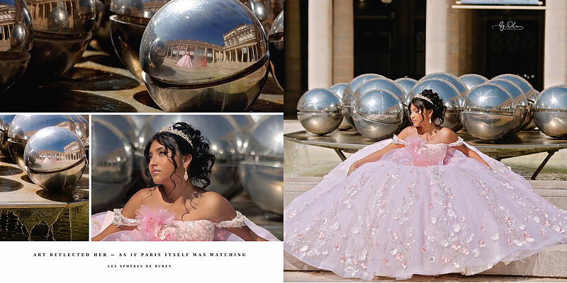 Girl in a pink quinceañera gown posing at Les Sphères de Buren in Paris, with reflective silver spheres showing her silhouette and the Palais Royal architecture.