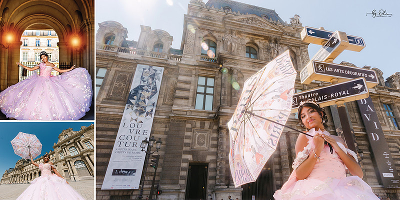 Quinceañera girl in a pink couture ballgown holding a Paris-themed umbrella at the Louvre, surrounded by historic architecture, arches and directional signs.