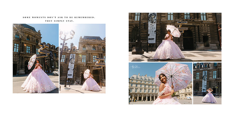 Quinceañera girl in a pink ballgown posing with a Paris-themed umbrella in front of the Louvre, sunlight highlighting her dress and the museum architecture.