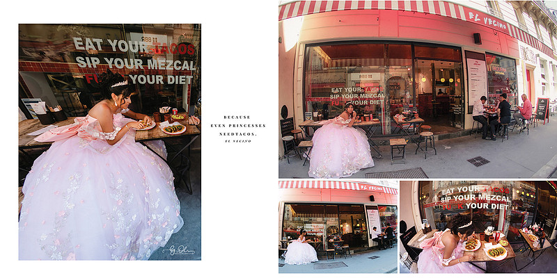Teen girl in a pink quinceañera gown enjoying tacos during a photoshoot outside El Vecino restaurant in Paris.