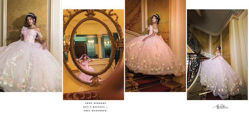 Teen girl in an elegant pink quinceañera gown posing on a grand staircase and in ornate mirrors inside a historic Parisian interior.