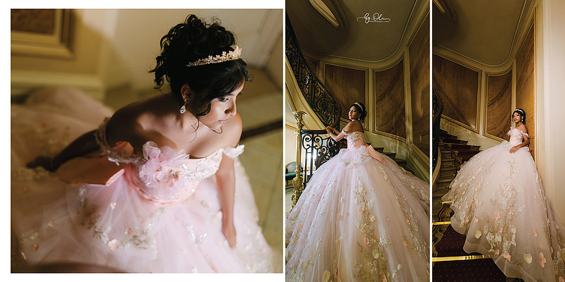 Teen girl in a pink quinceañera gown posing on an ornate Parisian staircase with soft, cinematic light.