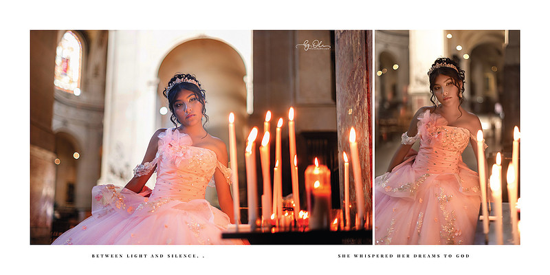 Quinceañera girl in a pink gown beside glowing candles inside Église Saint-Roch in Paris, captured in soft warm light.