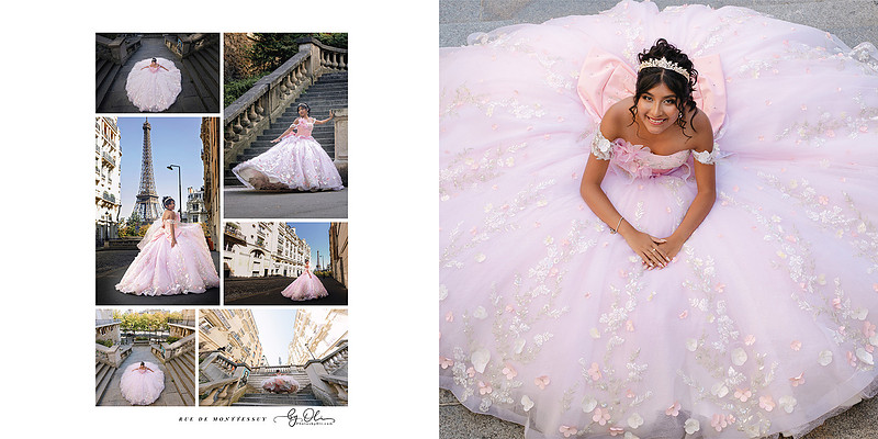 Quinceañera girl in a pink floral ball gown posing on Rue de Monttessuy in Paris, with Eiffel Tower views and staircase portraits.