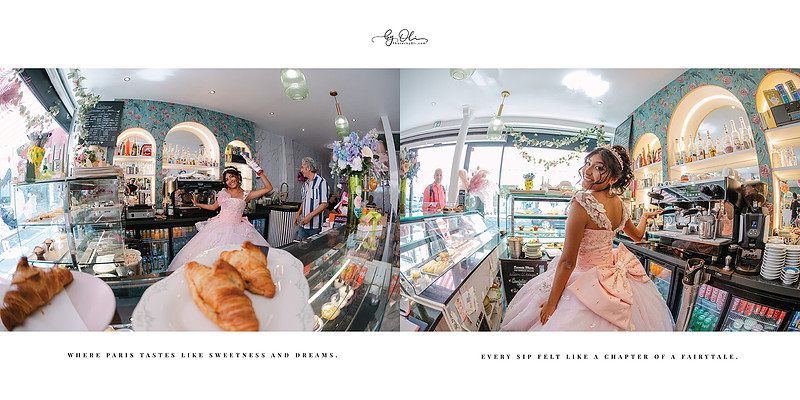 Quinceañera girl in a pink floral gown inside a Paris café, enjoying pastries and posing among pastel decor, espresso machines and glass displays filled with desserts.