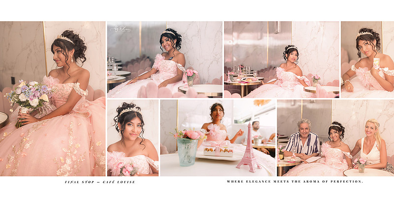 Quinceañera girl in a pink floral gown enjoying desserts and portraits at Café Louise in Paris, surrounded by soft pastels and Parisian decor.