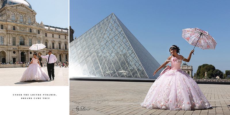 Teen girl in a pink quinceañera gown holding a Paris-themed umbrella during a photoshoot in front of the Louvre Pyramid in Paris.