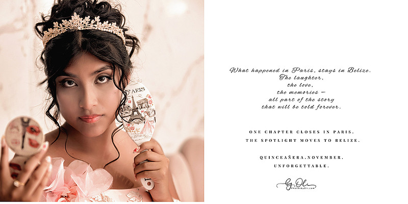 Close-up portrait of a quinceañera girl holding a Paris-themed hand mirror, styled in soft pink tones, symbolizing the transition from the Paris photoshoot to the upcoming celebration in Belize.