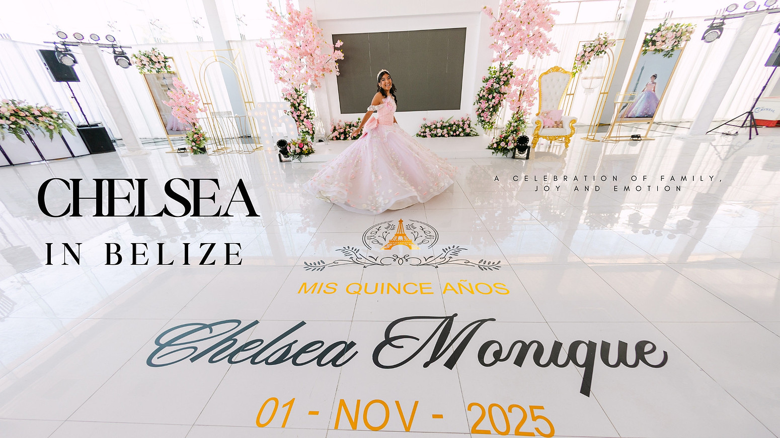 Chelsea celebrating her quinceañera in Belize, captured in a wide cinematic scene during a private family celebration, elegant event photography.