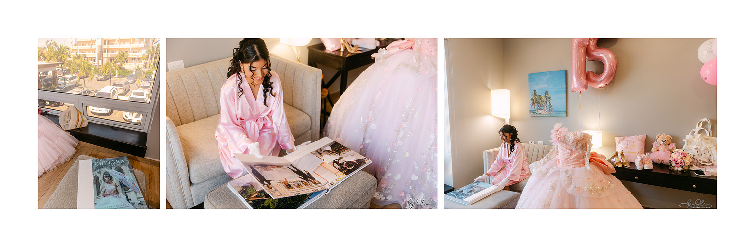 Chelsea seated in her preparation room in Belize, browsing through her Paris photo album before the celebration, surrounded by her dress and personal details, capturing a quiet and emotional moment.