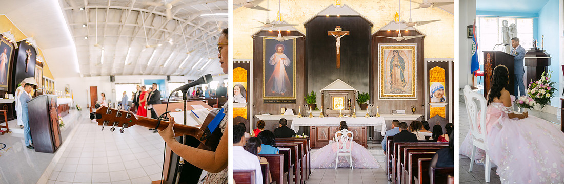 Catholic church ceremony during Chelsea Monique Alfaro’s quinceañera in Belize, featuring a full congregation, live guitar music, and a serene, emotional atmosphere.