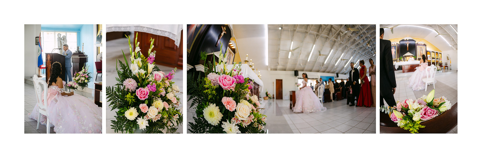 Church interior decorated with floral arrangements in the quinceañera color palette, creating an elegant and respectful setting for the ceremony, captured in a documentary-style moment.