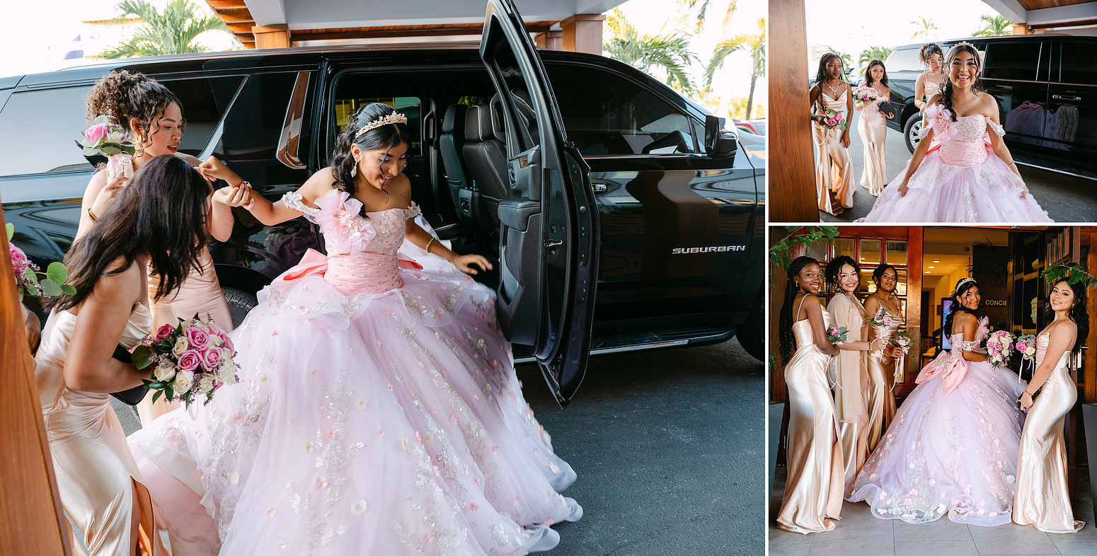 Quinceañera and her friends turning back just before entering the hotel, captured in a spontaneous documentary-style portrait filled with joy and natural expressions.