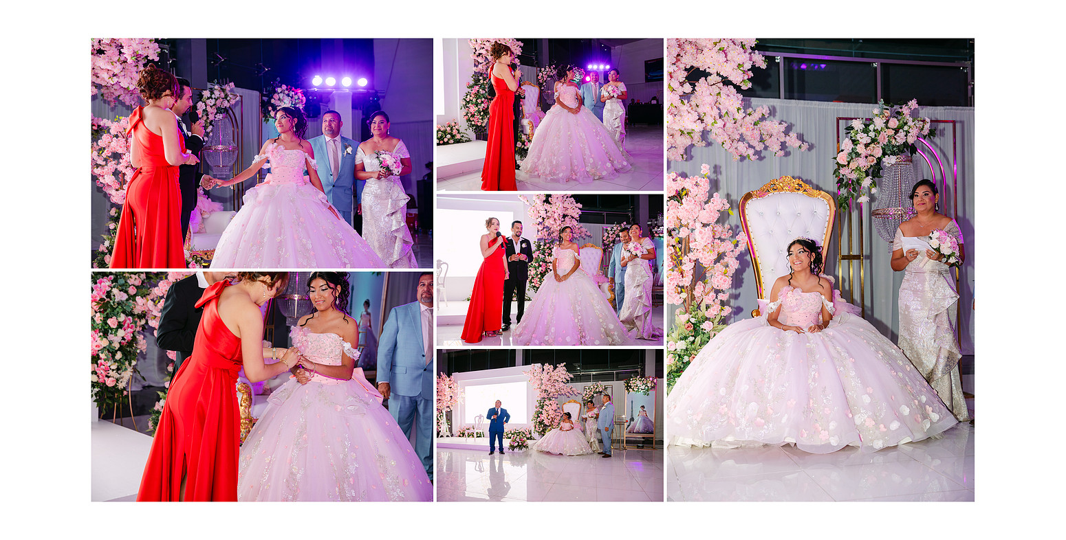 Madrina offering a delicate piece of jewelry to the quinceañera, capturing an emotional and intimate moment during the celebration in a documentary style.