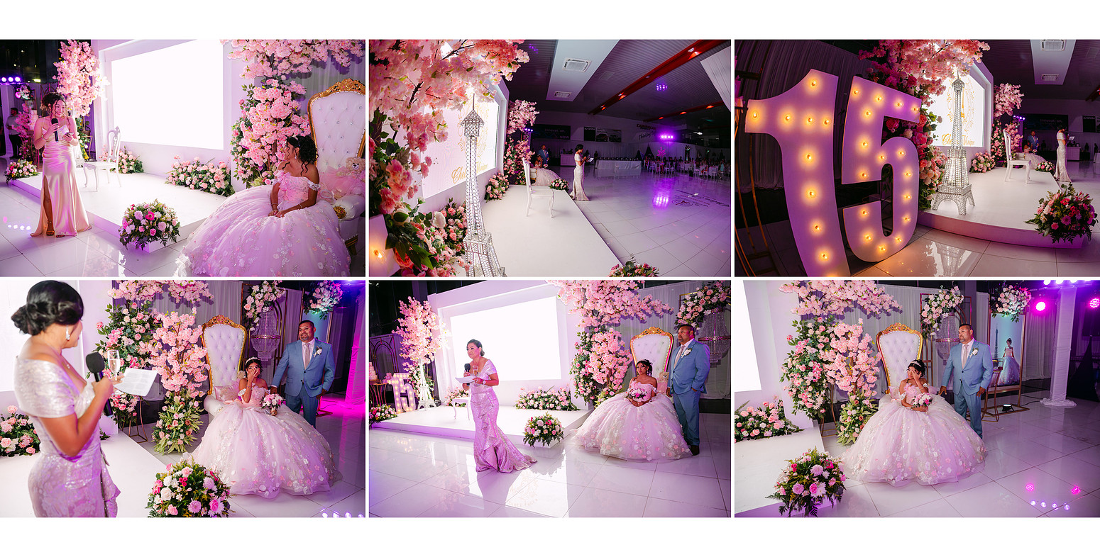 Family members and loved ones giving heartfelt speeches to the quinceañera on a decorated stage, surrounded by floral arrangements, in an emotional documentary-style celebration moment.