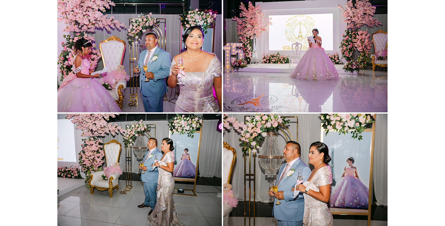 Parents standing together during the quinceañera celebration, holding glasses and speaking with pride and emotion, captured in a refined documentary-style moment.