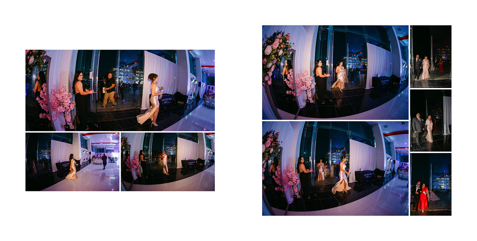 Damas entering the celebration venue during a quinceañera, captured in a documentary-style sequence that shows movement, anticipation, and the beginning of the formal entrance.