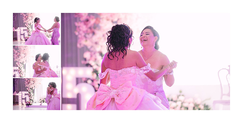 Mother and daughter dancing together during a quinceañera celebration, sharing a close and emotional moment that reflects their deep bond, captured in a documentary-style setting.