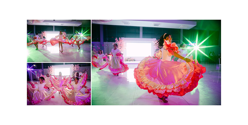 Chelsea and her damas performing themed choreographed dances with different costumes and music styles during the quinceañera celebration, captured in a vibrant, documentary-style moment.