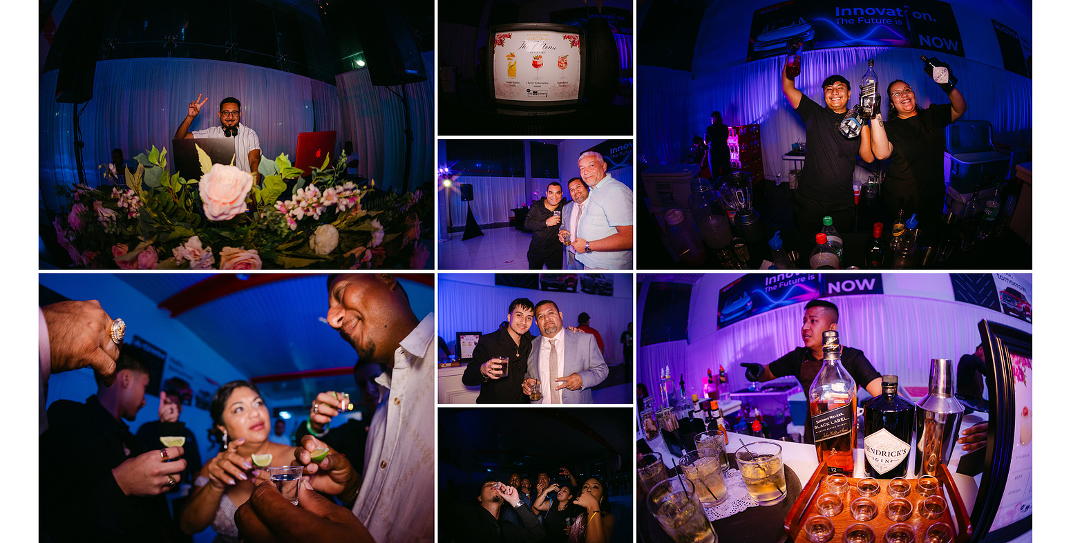 Cocktail bar station with alcoholic and non-alcoholic drinks, guests enjoying shots and cocktails while a DJ plays music in the background, captured in a vibrant documentary-style party moment.