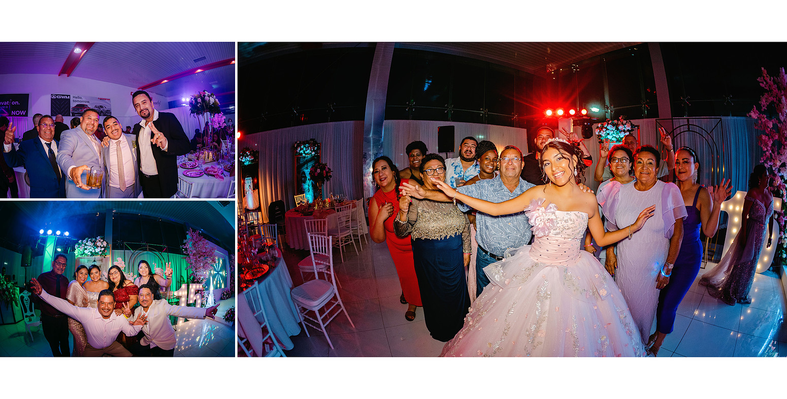 Quinceañera surrounded by family members, smiling and celebrating together, captured in authentic documentary-style family portraits during the event.