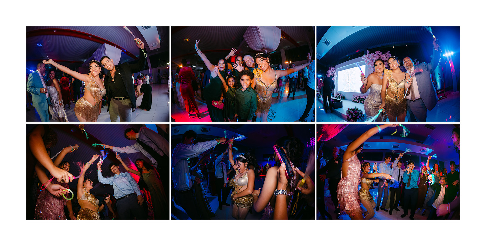 Alt text
Guests dancing enthusiastically during a quinceañera celebration, surrounded by vibrant lights and joyful movement, captured in an energetic documentary-style moment.