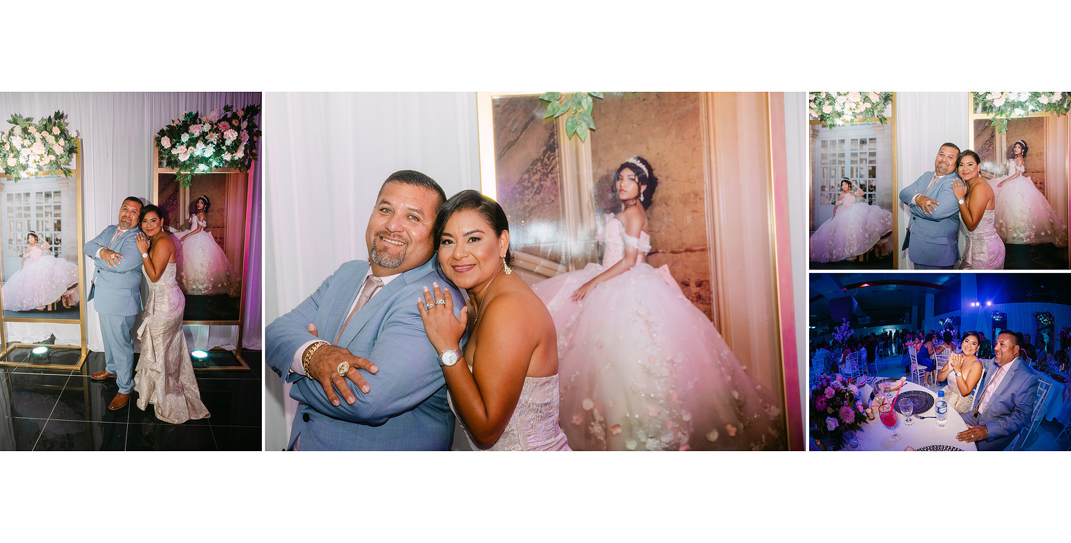 Monica and Denis Alfaro, parents of the quinceañera posing together in warm, elegant portraits during the celebration, expressing pride, joy, and a strong family bond in a documentary-style moment.