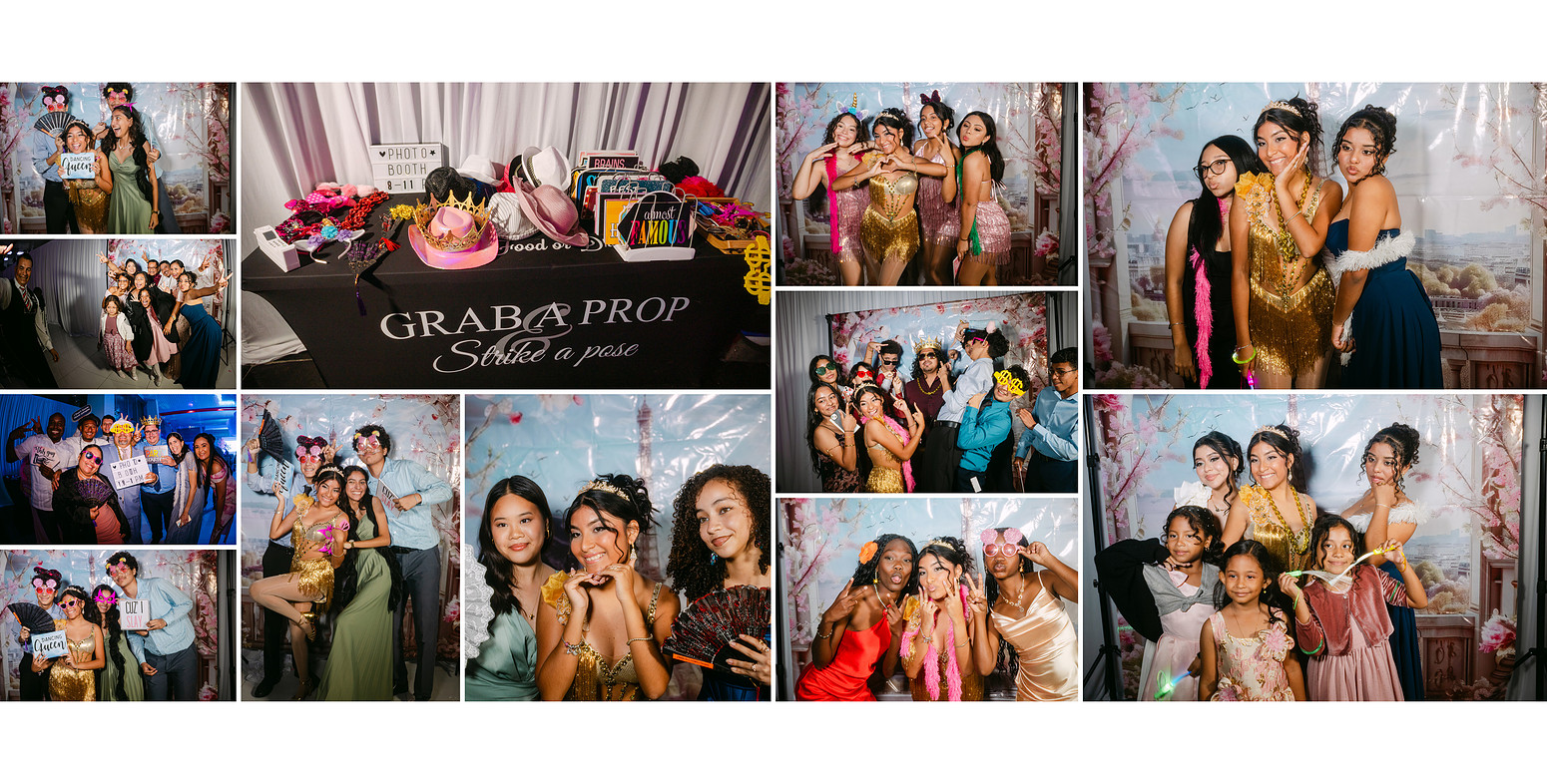 Guests and the quinceañera enjoying an energetic photo booth session with props and playful poses, creating numerous joyful portraits during the celebration in a documentary-style setting