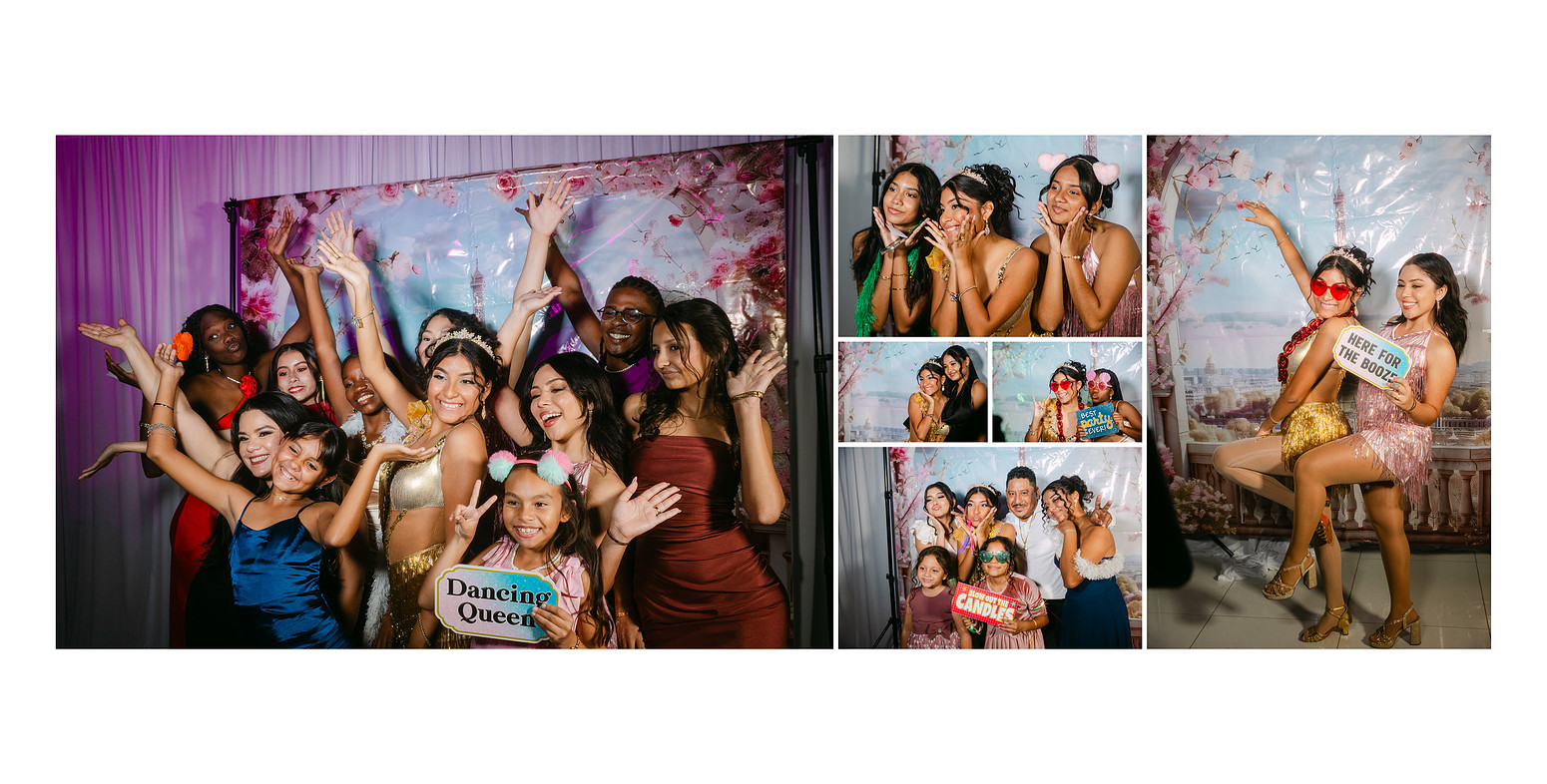 Chelsea and her friends enjoying the photo booth during the quinceañera celebration, captured in candid, joyful moments as part of a documentary-style coverage focused on her experience.