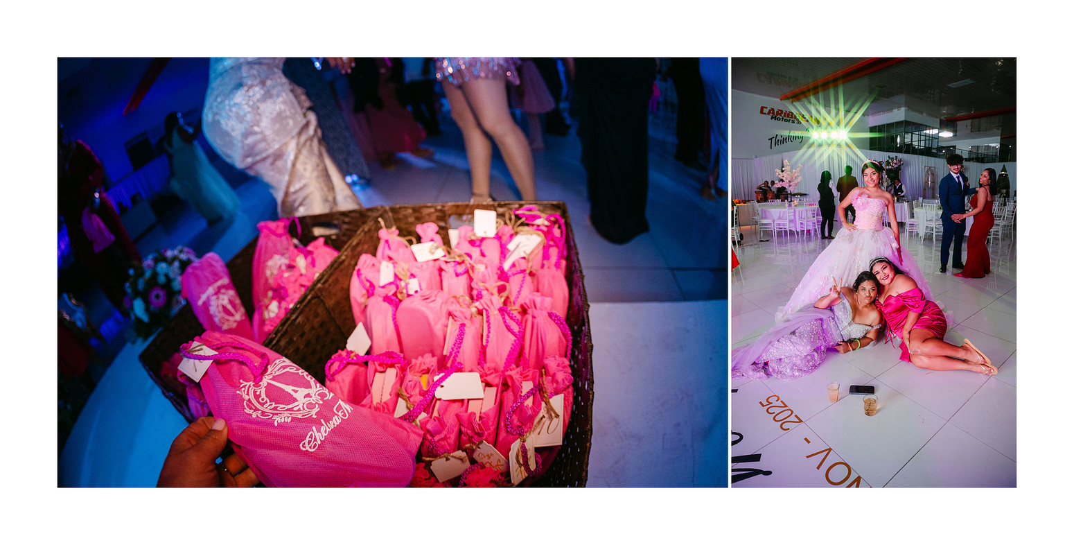 Personalized gift bags with flip-flops offered to guests during a quinceañera celebration, encouraging comfortable dancing later in the evening, captured in a documentary-style party moment.