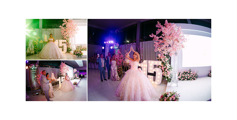 Chelsea celebrating on the dance floor after the cake moment, surrounded by floral decor and soft lights, captured in a joyful documentary-style scene following the cake cutting.