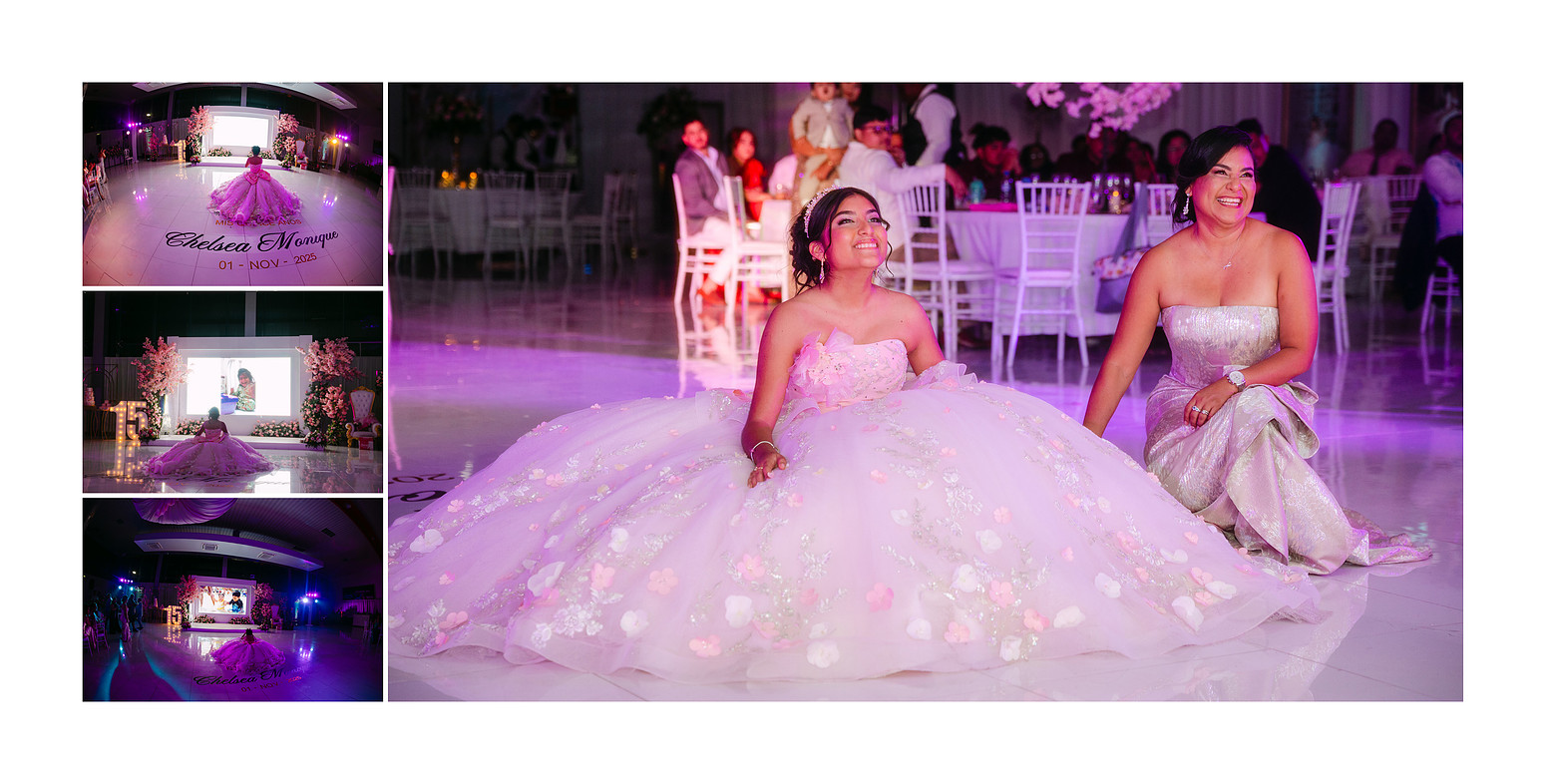 Chelsea sitting on the dance floor with her mother while watching a photo and video presentation of her childhood, adolescence, and Paris photo session during an emotional moment of the celebration.