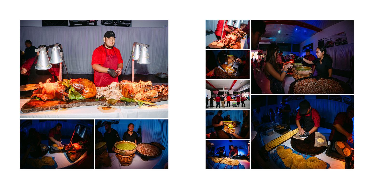 Second food service at the quinceañera celebration featuring pork pibil, guacamole, and taco stands prepared on site, captured in a documentary-style catering moment with guests being served.