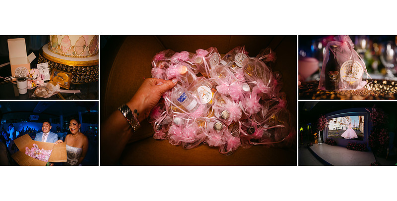 Personalized gift bags prepared for guests, featuring small collectible drink bottles and Paris-themed accessories, including appreciated keychains, captured in a refined documentary-style detail shot.