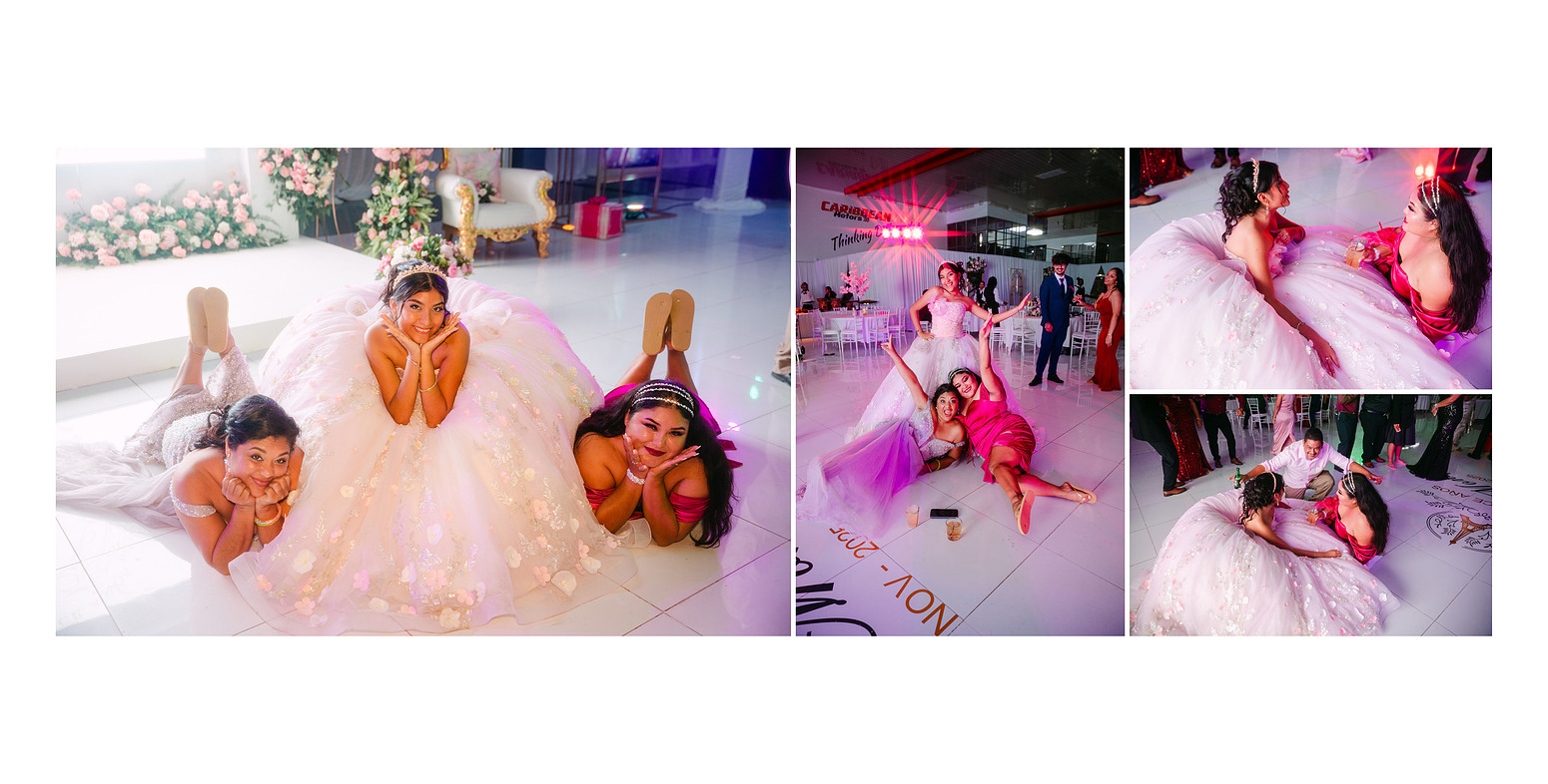 Chelsea sitting on the dance floor near the end of her quinceañera celebration as guests gather around her, talking, laughing, and taking photos in a relaxed, documentary-style moment.