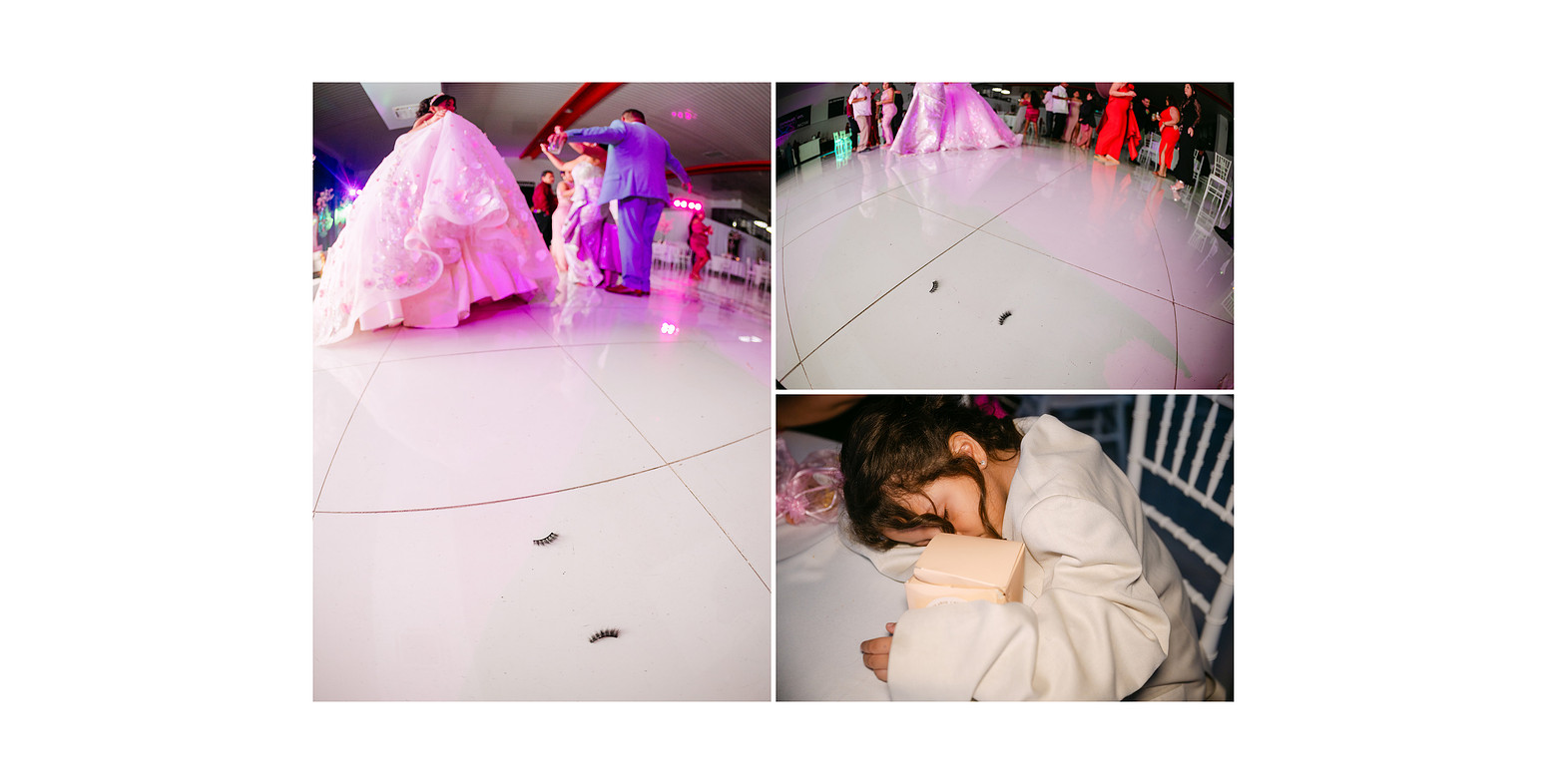 Funny candid moments from the end of a quinceañera party, showing guests exhausted from dancing, with eyelashes on the dance floor and someone asleep at the table, captured in a lighthearted documentary-style scene.