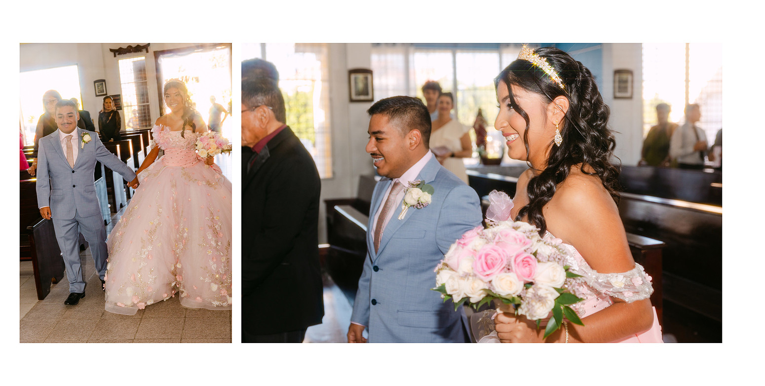 Chelsea entering the church hand in hand with her brother, holding a bouquet and smiling with visible joy and emotion, captured in a documentary-style moment at the beginning of the ceremony.