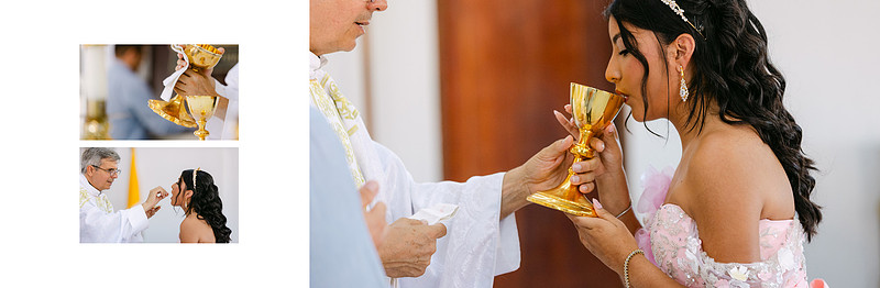 Chelsea receiving Holy Communion during the church ceremony, holding a golden chalice as the priest administers the sacrament, captured in a solemn documentary-style moment.
